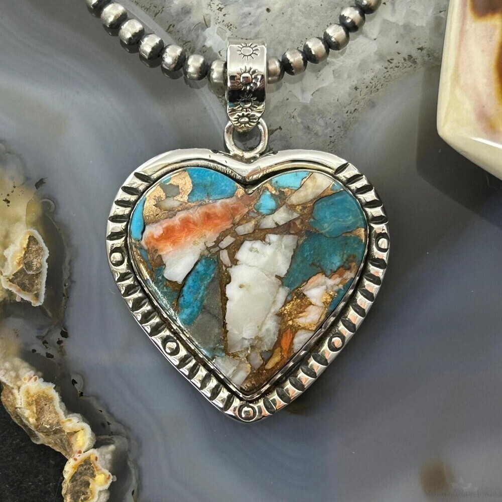 Sterling Southwestern Style Turquoise Spiny Oyster Heart Pendant For Women